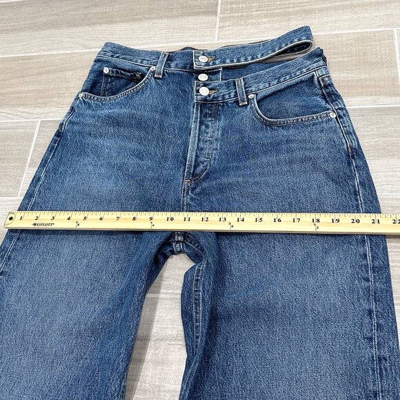 Agolde High Rise Broken Waistband Asymmetrical Jean in Intrigue Blue Denim Sz 28 - Picture 12 of 15